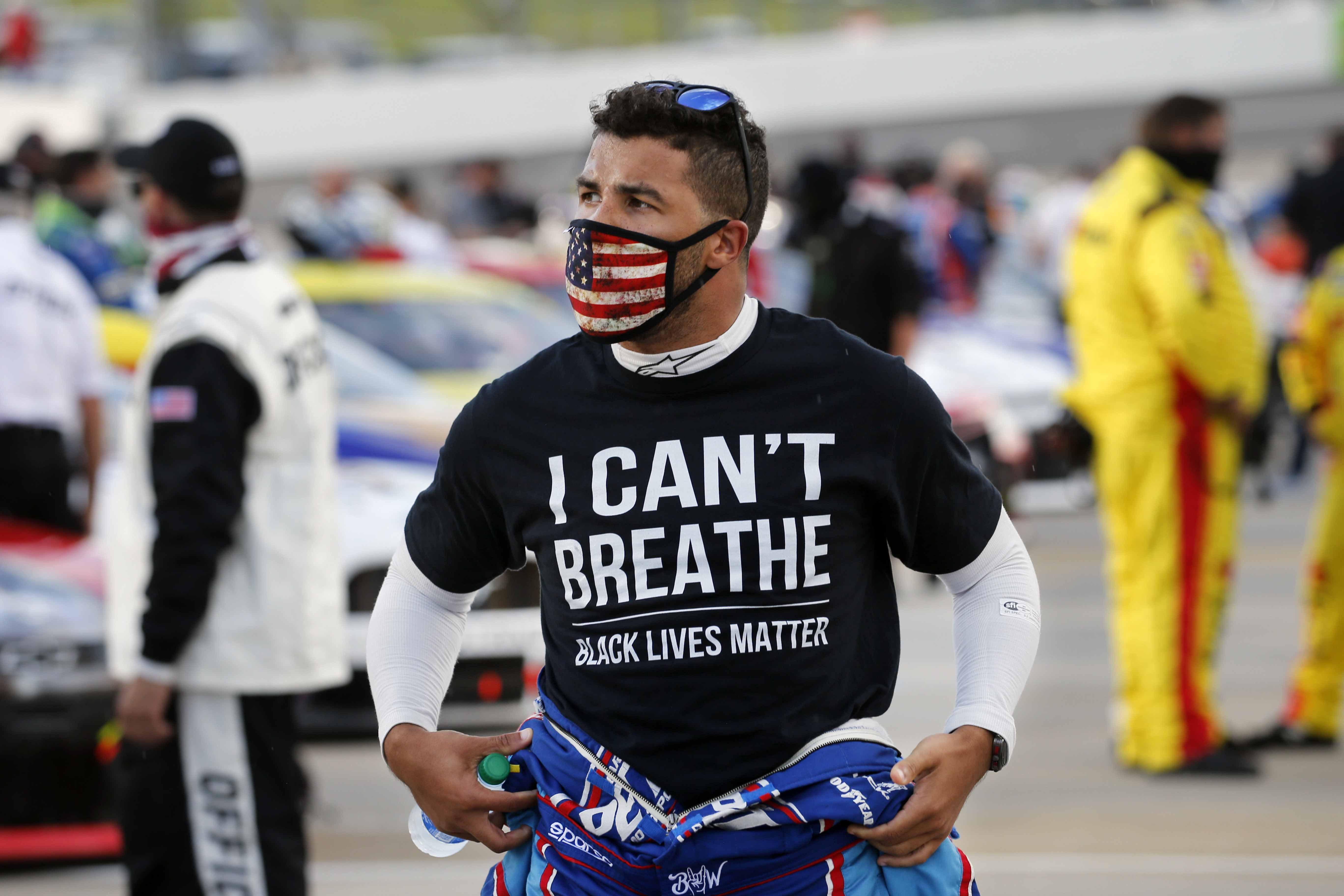 Driver Bubba Wallace wears a Black Lives Matter shirt as he prepares for a ...