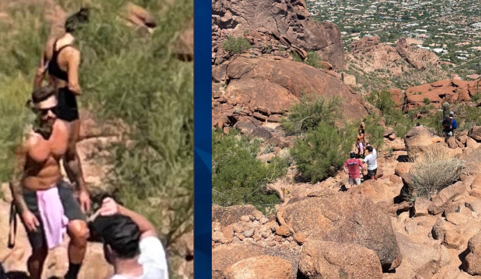 The hikers believe they captures Dario Dizdar and Angela Tramonte, seen in the zoomed-in image (L) Courtesy Hunter Robinson