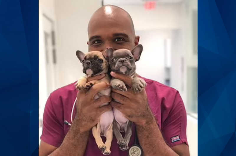 Prentiss Madden holding two puppies