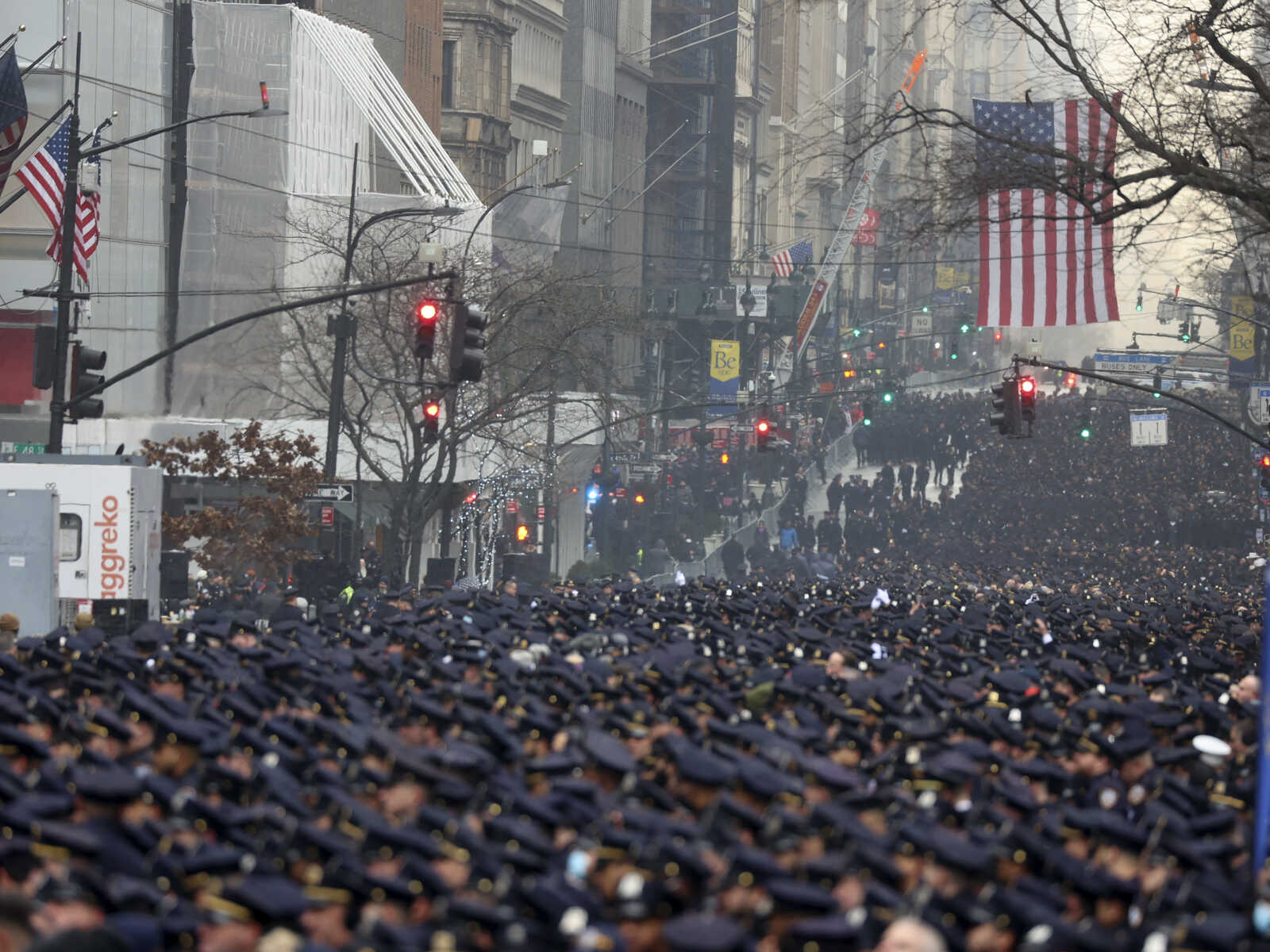 Photo of New York Police officers gathering along Fifth Avenue for the funeral of Officer Jason Rivera
