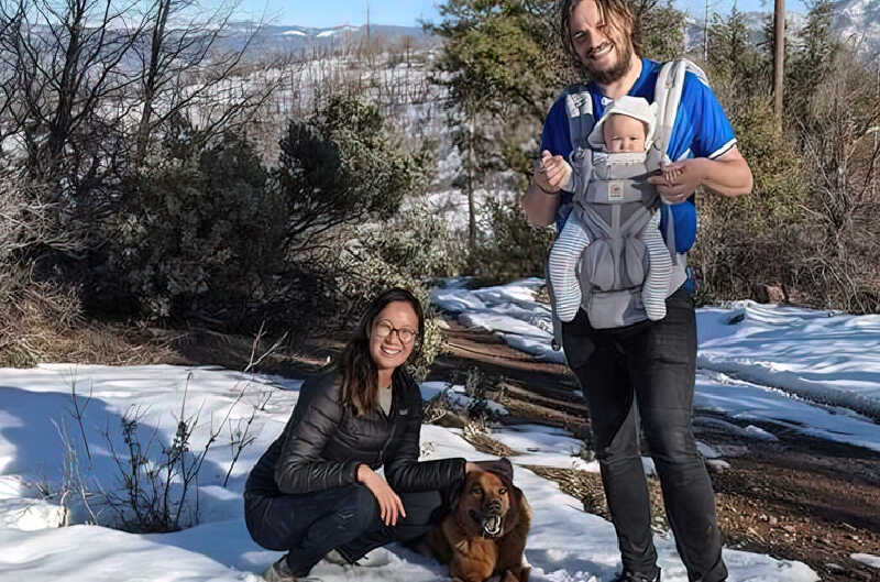 Outside photo of Jonathan Gerrish, Ellen Chung, and toddler daughter