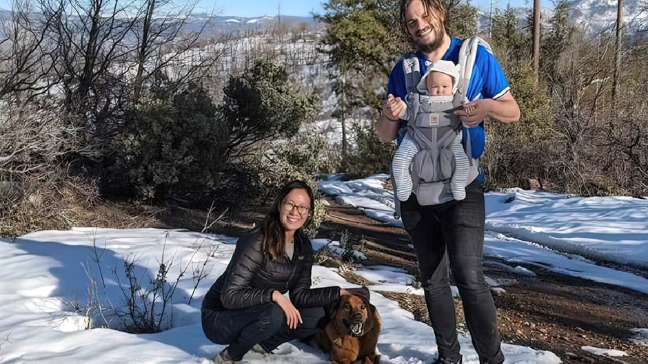 Outside photo of Jonathan Gerrish, Ellen Chung, and toddler daughter