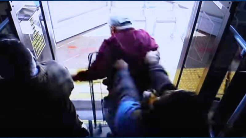 CCTV of Serge Fournier being pushed off bus