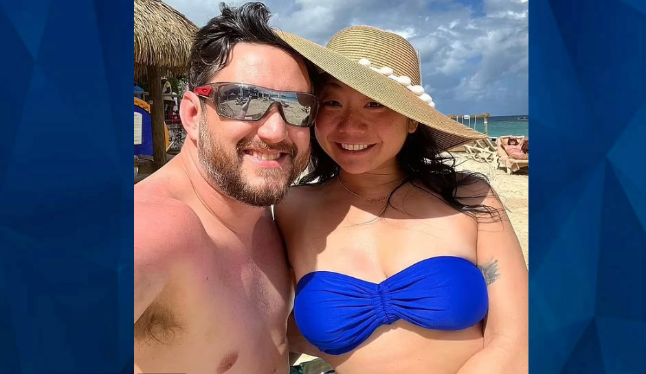 murder suspect poses with wife in bathing suit