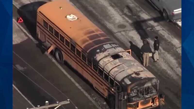 school bus on fire
